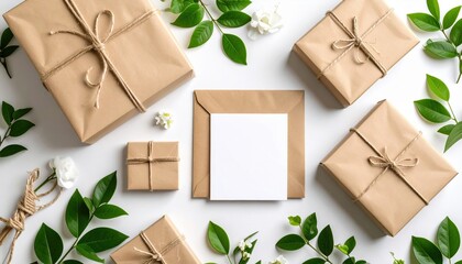 Elegant Brown Paper Wrap with White Card and Envelope Displaying Minimalistic Gift Presentation Style