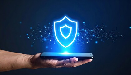 Hand Holding Smartphone Displaying Shield Icon Symbolizing Security and Protection in Digital World