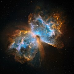 Obraz premium A vibrant, celestial nebula resembling a butterfly, showcasing intricate, swirling patterns of blue, orange, and gold hues against a dark, star-studded backdrop.