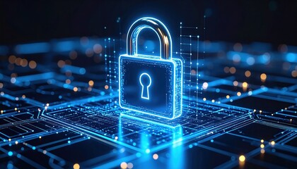 Secure Digital Future with Glowing Blue Lock on Circuit Board Symbolizing Protection and Safety