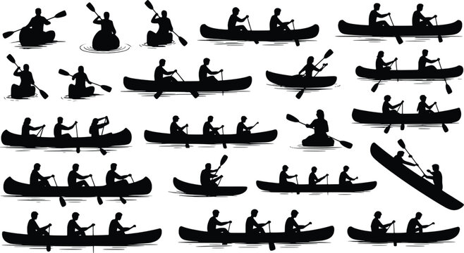 Diverse kayaking silhouettes people paddling canoes in various group configurations and activities