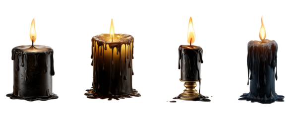 Set of gothic black candles with dripping wax and flame