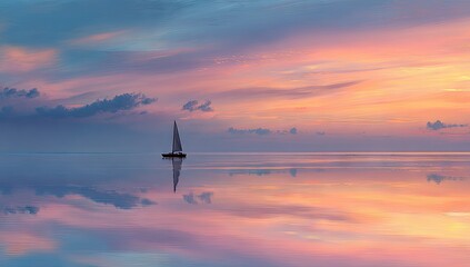 Serene sunset over calm ocean with single sailboat perfectly mirrored in the still water, pastel hues of pink, orange, and blue fill the sky and its reflection
