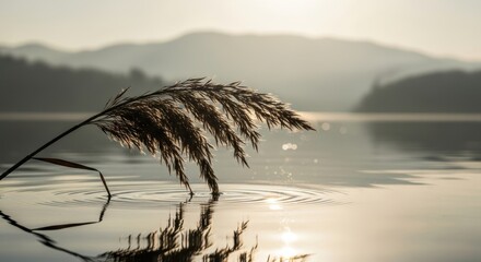 Serene lake at sunrise with reed reflections and misty mountains