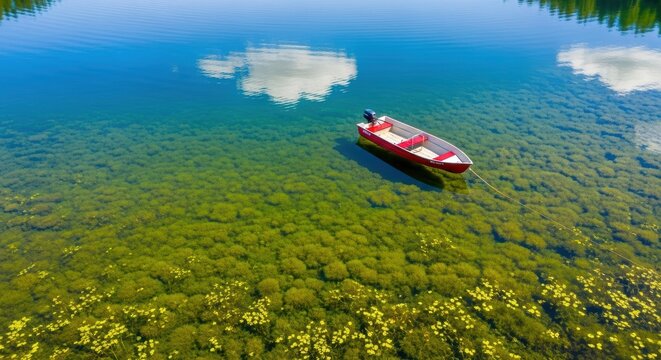 Solitary red boat on clear reflective lake with lush underwater vegetation - Powered by Adobe