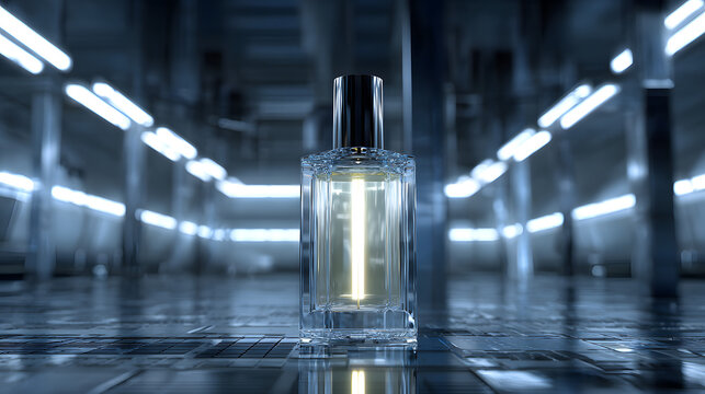 Elegant perfume bottle illuminated in a modern futuristic setting with glimmering reflections.