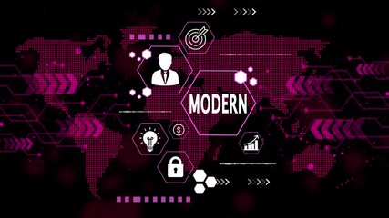Modern Business World Concept Animated Graphic Global Network Digital Transformation Technology Innovation Data Security Financial Growth Target Achievement Idea Generation Worldwide Connectivity