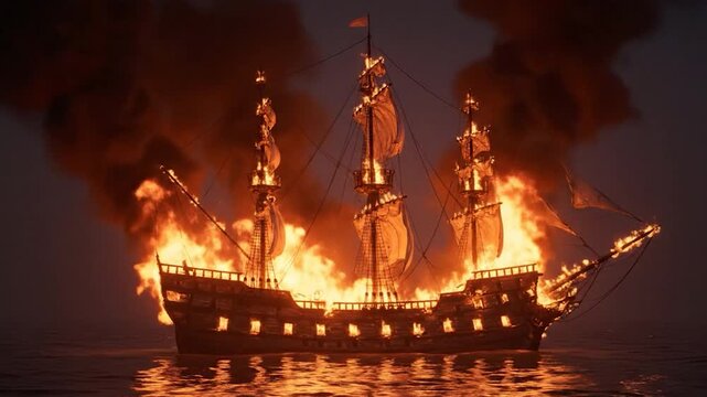Cinematic Realistic Burning Pirate Ship on a Dark Sea with a Plume of Smoke
