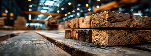 Stacked pine wood planks in a factory setting, showcsing the storage and organzation of wooden materials- Concept of modern technoogy in timber processing ad goods production