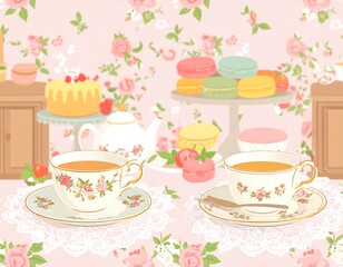 Two teacups and saucers sit on a lace doily, surrounded by pastries and floral wallpaper