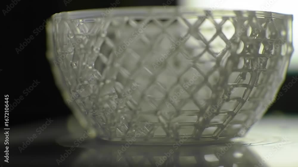 Poster white patterned bowl against a blurred background in soft light.