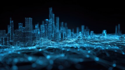 Abstract digital city skyline, illuminated with glowing blue lines and points