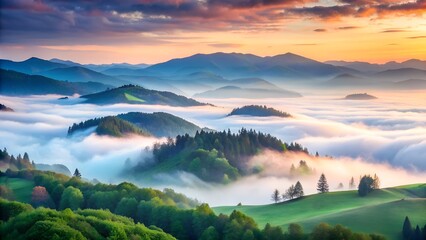 Misty Mountain Sunrise A Breathtaking View of Rolling Hills and Clouds