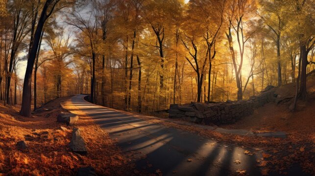 A serene autumn landscape, a winding dirt road leading through a vibrant forest, sunlight filtering through the golden leaves, lush foliage surrounding the path, a tranquil and picturesque scene, atmo