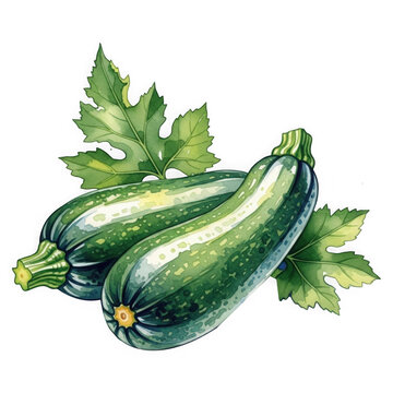 Fresh zucchini vegetables with green leaves isolated on a simple background culinary food photography watercolor painting transparent background