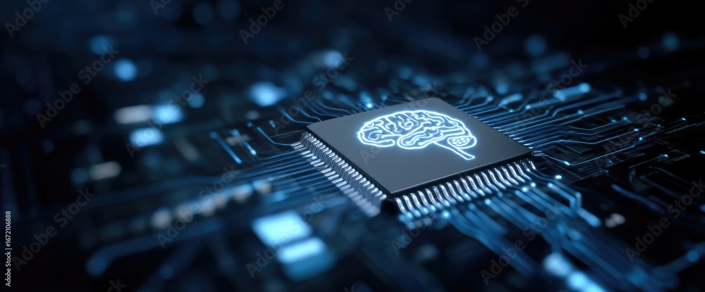 Aufkleber futuristic ai microchip with glowing brain icon integrated into digital circuit board, representing 