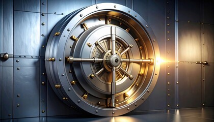 Mysterious Metal Safe Door Emanating Soft Illuminated Light Creating Intriguing Atmosphere and Depth