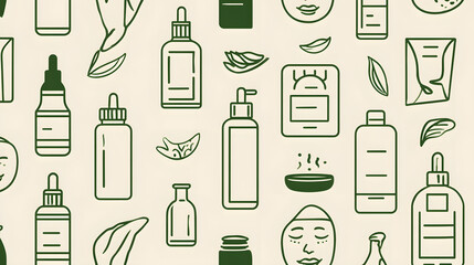 A collection of green line art illustrations showcasing various skincare products and nature elements.
