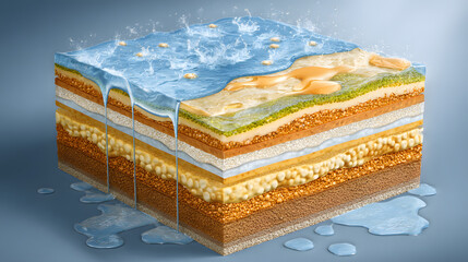 A vibrant cross-section of layers showcasing soil, sand, water, and nutrients, illustrating the complexity of earth's ecosystems.