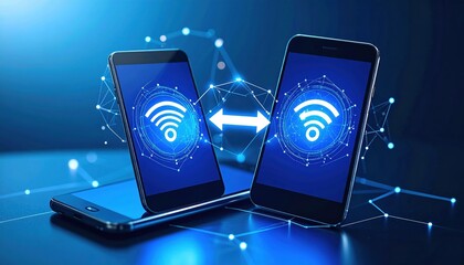 Two Modern Smartphones Displaying Wi Fi Connection Icons in a Sleek and Technologically Advanced Setting
