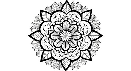 Bold and Prominent Floral Mandala Design with Thick Outlines and Distinct Petals on an Isolated White Background