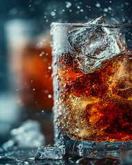 Close-up of a glass of cola with ice cubes and splashing liquid.