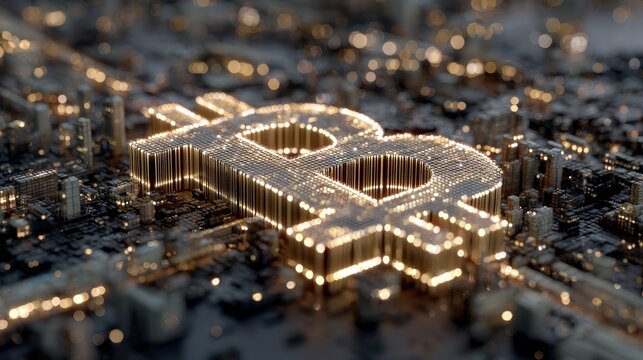 Glowing Bitcoin symbol over futuristic city digital currency technology