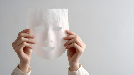 A pair of hands, holding a white facial mask against a soft, neutral background, symbolizing beauty and skincare.