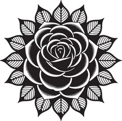 Ornate Black and White Rose Design for Tattoo or Graphic A detailed, black and white graphic of a rose with ornate leaves arranged in a circular pattern.