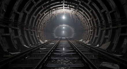 Dark, eerie abandoned subway tunnel with train tracks and dripping water