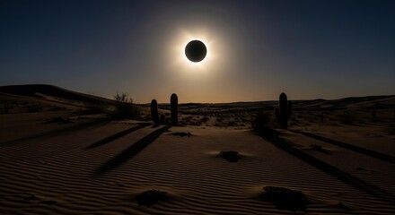 A total solar eclipse casts a shadow over a desert landscape with sand dunes and cacti