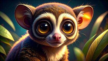 Cute Tarsier Portrait with Jungle Night.