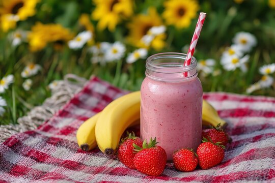 Refreshing strawberry banana smoothie in a glass jar surrounded by fresh fruits and blooming flowers on a sunny day