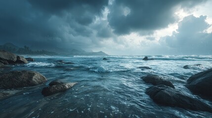 Dramatic Ocean Scene Rainy Day Coastal Rocks Waves Dark Clouds