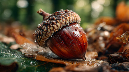 Close-up of a single acorn on fallen leaves in a forest.