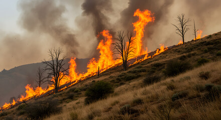 Fototapeta premium Wildfire Burning on Hillside with Charred Trees and Smoke in Dry Landscape