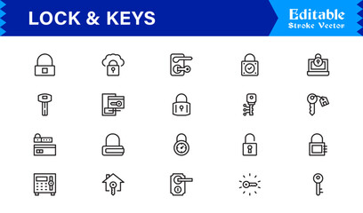 Lock And Security Line Icon Set – Modern Minimal Pixel Perfect Keys, Padlock And Safety Line Icon Collection
