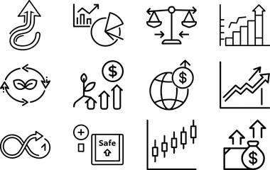 Fototapeta premium Business Finance Growth Icon Set – Money Investment, Stock Market, Economy Analysis, Chart, Arrow Up, Profit and Success Strategy Line Icons Pack for Web, Infographic and Presentation Design