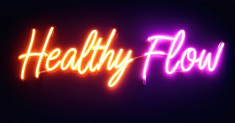 Bright neon sign displays text Healthy Flow. Vivid pinks, purples create glowing effect against dark background. Simple, modern design.