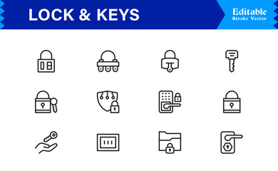 Lock And Security Line Icon Set – Modern Minimal Pixel Perfect Keys, Padlock And Safety Line Icon Collection