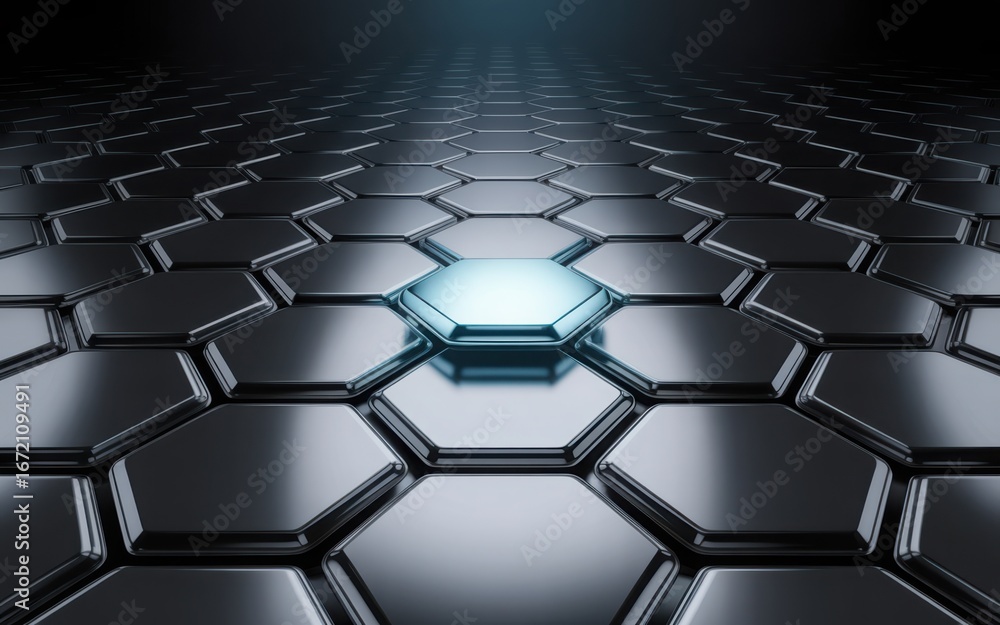 Fototapete gleaming chrome hexagonal grid with one illuminated blue hexagon in the center pattern texture
