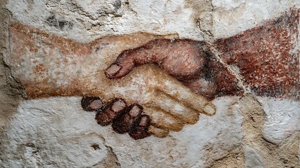 Naklejka premium Ancient fresco depicting two hands shaking, set against a stone wall.