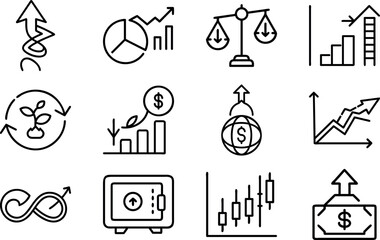 Obraz premium Business Finance Growth Icon Set – Money Investment, Stock Market, Economy Analysis, Chart, Arrow Up, Profit and Success Strategy Line Icons Pack for Web, Infographic and Presentation Design