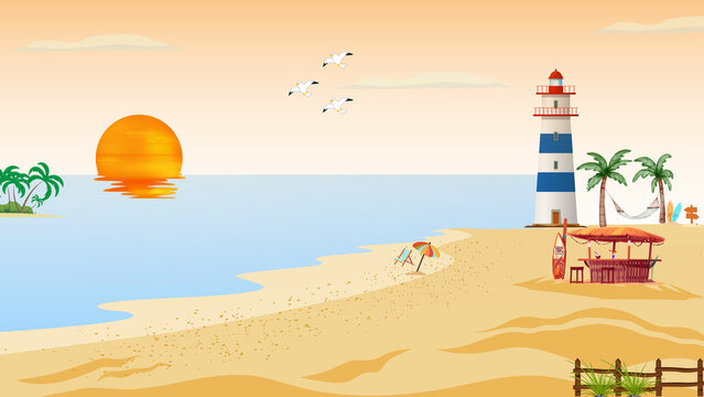 Sunset in a beach. The sky is yellow and the sun is set. The beach have a big mercusuar and palm threes and bevarage shop