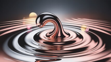 Metallic liquid sculpture with swirling ripples and spheres chrome