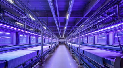 Fototapeta premium Textile factory machines glow with purple lights, highlighting an efficient workspace.