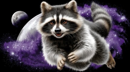 Obraz premium Cartoon Raccoon Astronaut Floating in Space with Stars and Planets