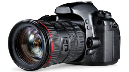 Fototapeta premium Black DSLR Camera Isolated on White Background with Detailed Lens Perfect for Photography Enthusiasts