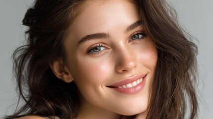 Fototapeta premium Close-up of a Smiling Young Woman with Natural Makeup Showcasing Radiant Skin and Soft Features