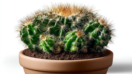 Close-Up of a Vibrant Green Cactus in a Clay Pot Isolated on White Background